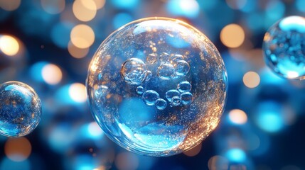 Bubbles with smaller bubbles and golden shimmer, floating in front of blurry lights