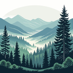 Fototapeta premium Create a bold, vector illustration of a lush forest valley, emphasizing thick, dark outlines and vibrant greens. Include detailed trees, a winding river, and a sense of depth.
