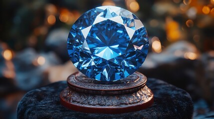 A bright blue gem rests on a wooden stand, bokeh lights and dark, blurred details behind