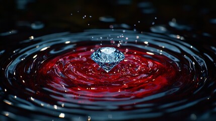 Diamond falling into red liquid, ripples forming