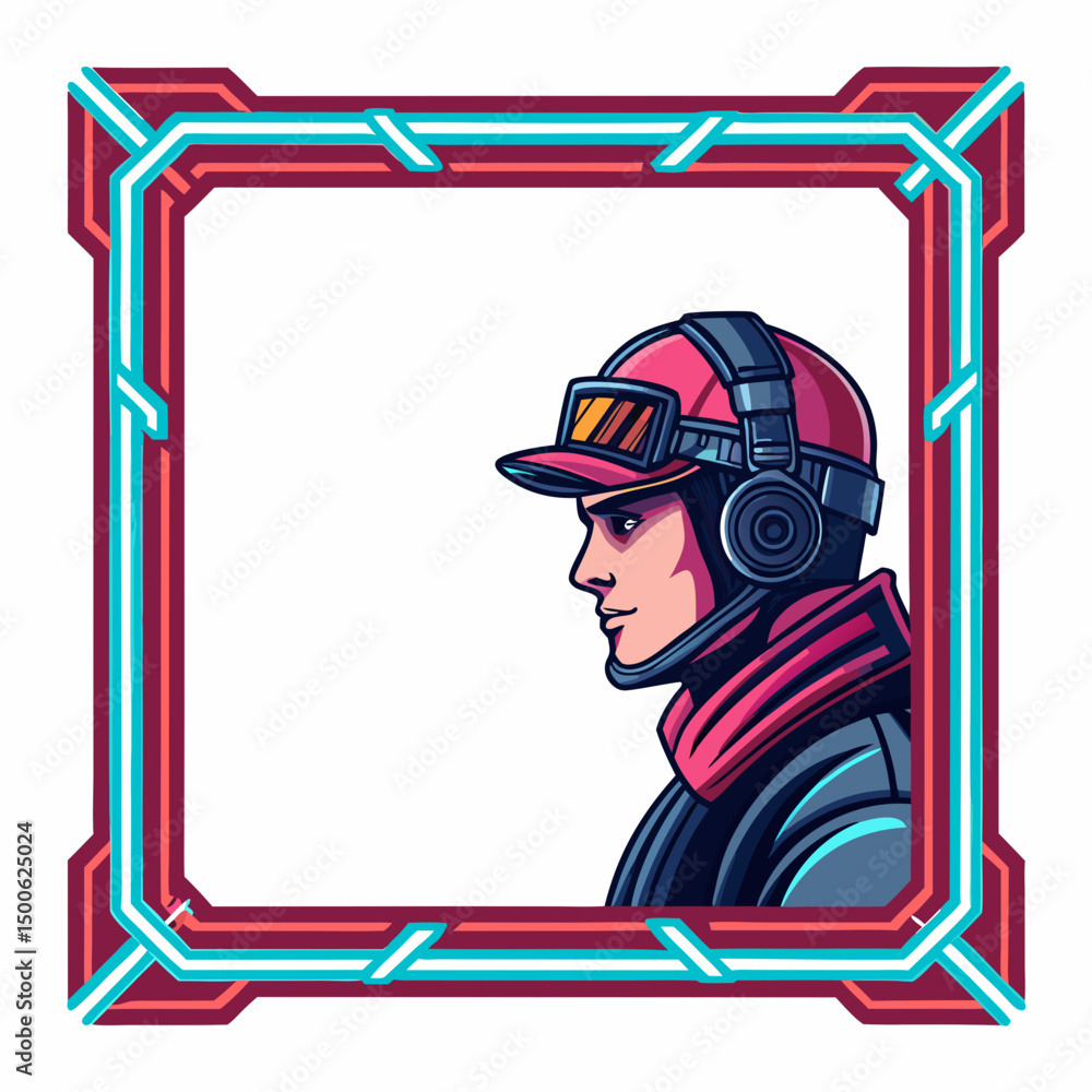 Poster design a bold, vector illustration of a futuristic neon frame, emphasizing sharp angles and vibrant 