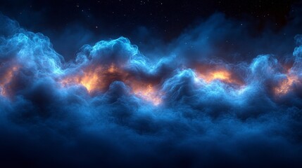 Ethereal clouds glow with radiant light against the dark sky, resembling cosmic phenomena