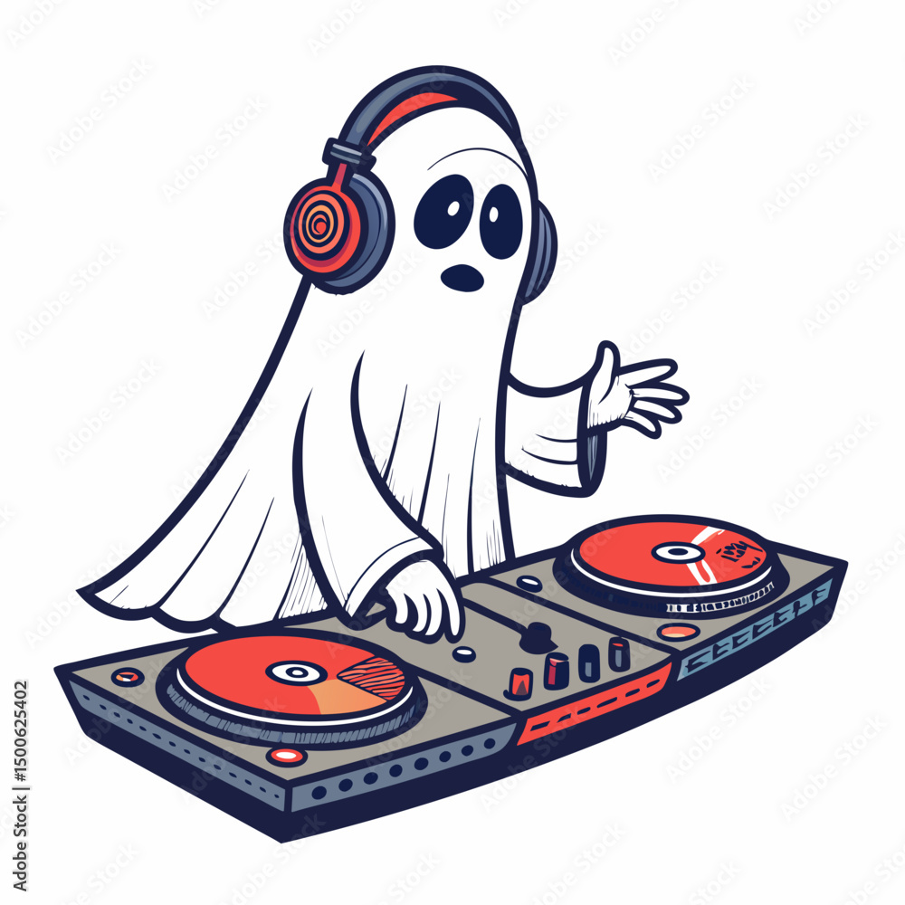 Poster create a bold vector illustration of a ghost djing with turntables, emphasizing strong outlines and 