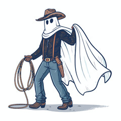 Create a bold vector illustration of a ghost, dramatically styled,  wearing a [insert clothing description, e.g., top hat and tails].  High contrast, thick outlines.