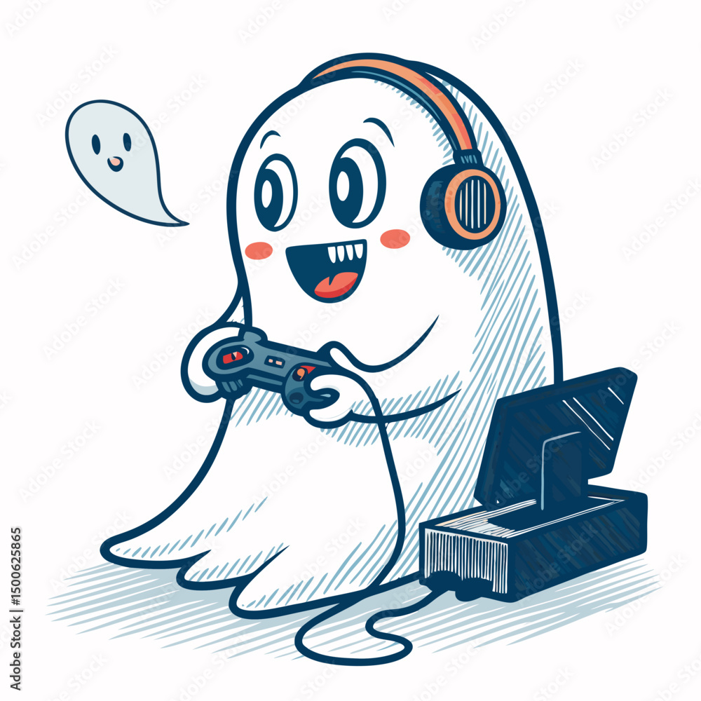 Poster design a bold vector illustration of a playful ghost intensely focused on playing a video game. incl