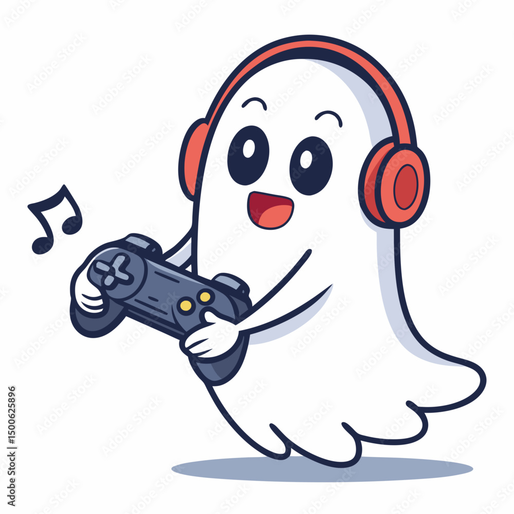 Poster create a bold vector illustration of a playful ghost figure engrossed in watching a video game on a 