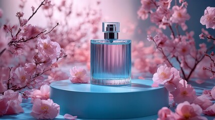 Perfume bottle sits amidst blooming flowers in soft lighting, creating a serene atmosphere