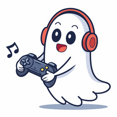 Create a bold vector illustration of a playful ghost figure engrossed in watching a video game on a screen.  Focus on strong outlines and vibrant colors.