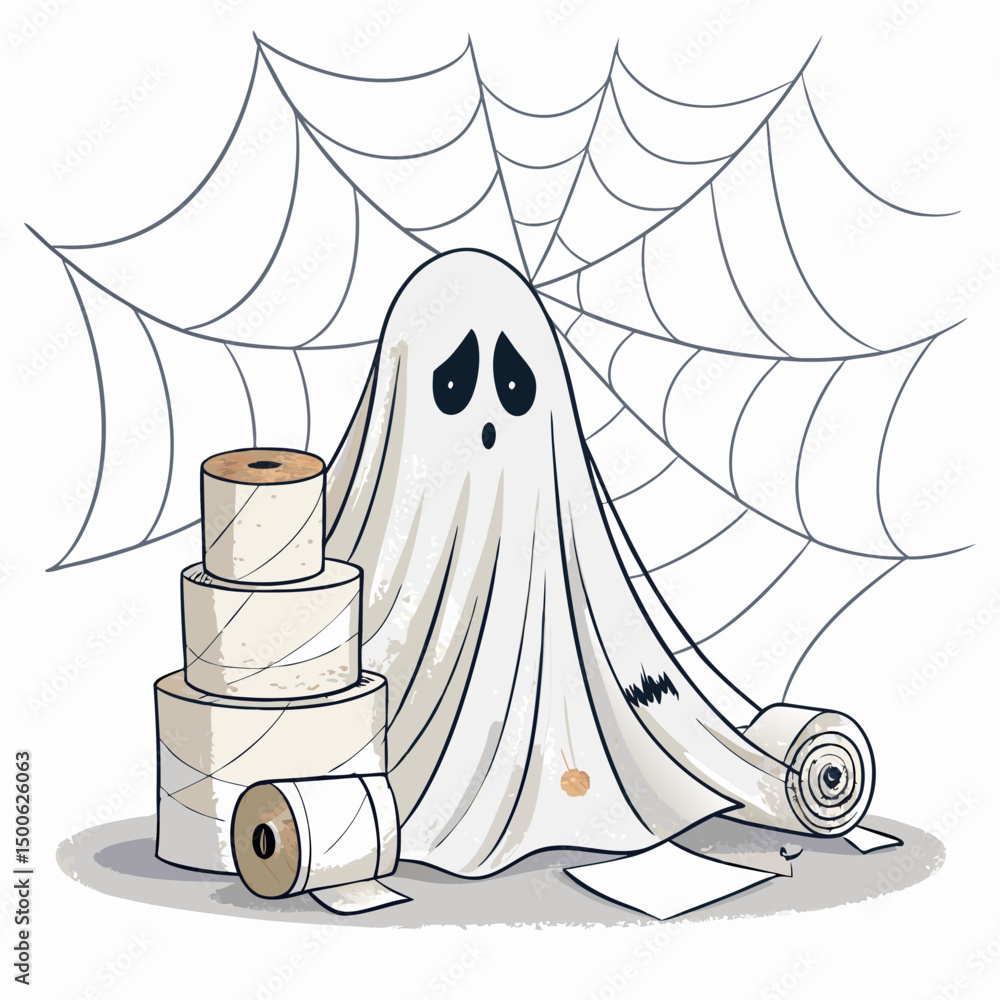 Poster create a vector illustration of a bold-stroked ghost, intricately tangled within a web or vines. the