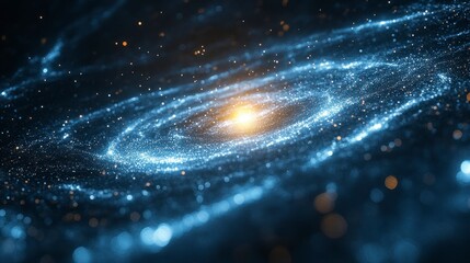 Swirling blue cosmic galaxy with bright center, particles of light