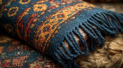 A patterned textile with fringe detail, showing an intricate design