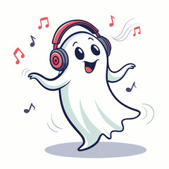 Create a bold vector illustration of a friendly ghost wearing headphones, emphasizing thick outlines and a playful, cartoonish style.