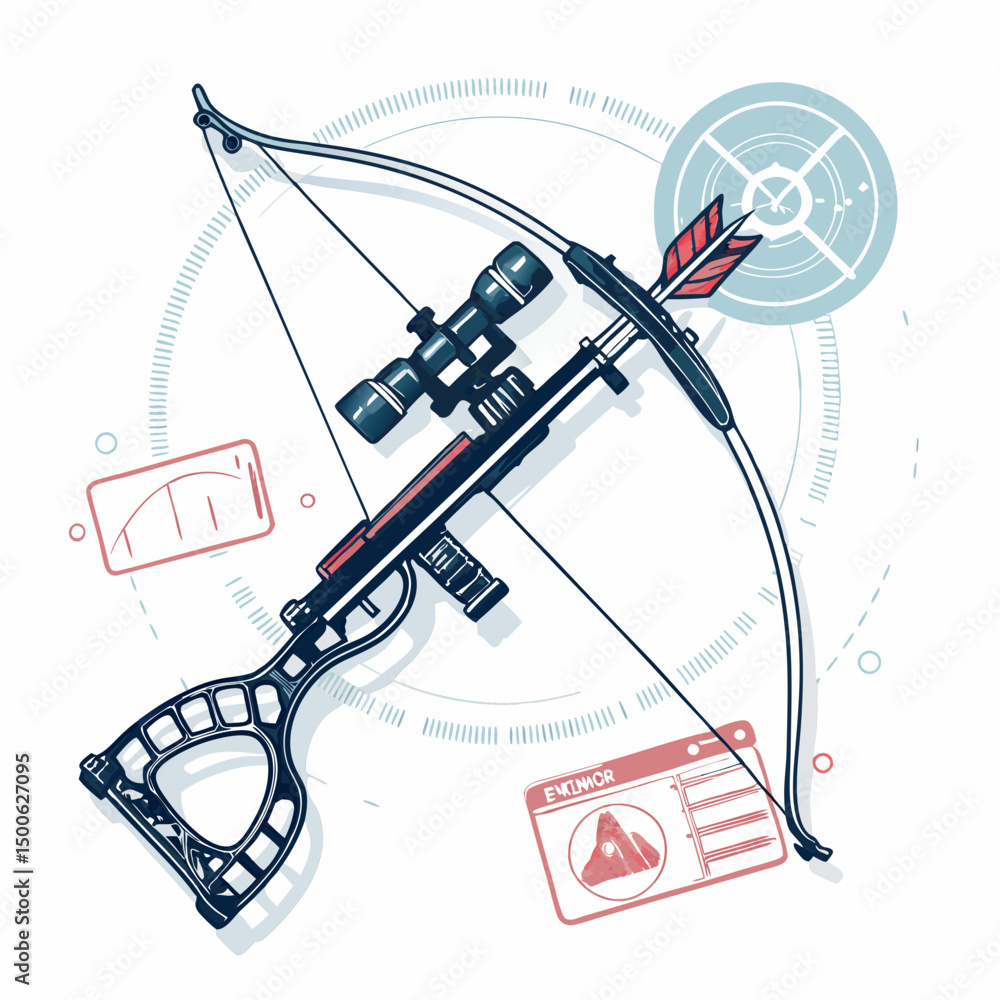 Poster create a bold, vector illustration of a futuristic, high-tech bow and arrow, emphasizing sharp lines