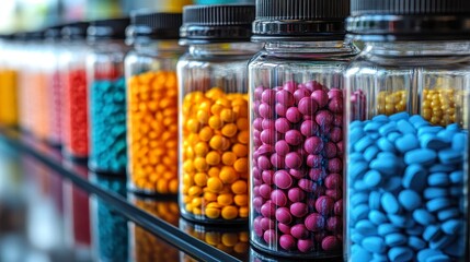 Array of glass jars filled with colorful pellets sit lined up on a reflective surface