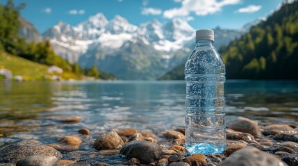 Hydration amidst mountains water bottle placed on rocky shore, lake reflects scenic peaks