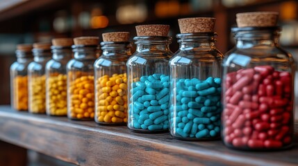 Pills inside glass bottles with corks arranged on a wooden surface in a row