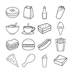 Vector outline set of snacks and fast food items