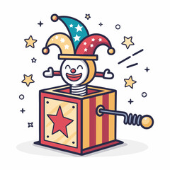 Create a bold, vector illustration of a classic jack-in-the-box toy, emphasizing strong black outlines and vibrant color fills.
