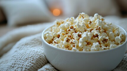 Bowl full of popcorn sits atop a knitted blanket. Soft light glows in the background