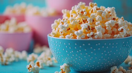 Popcorn fills a dotted blue bowl, with pink bowls blurred behind