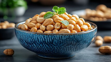 Blue bowl filled with peanuts, garnished with green leaves, and scattered nuts