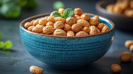 Bowl filled with peanuts, garnished with fresh mint leaves on a dark surface
