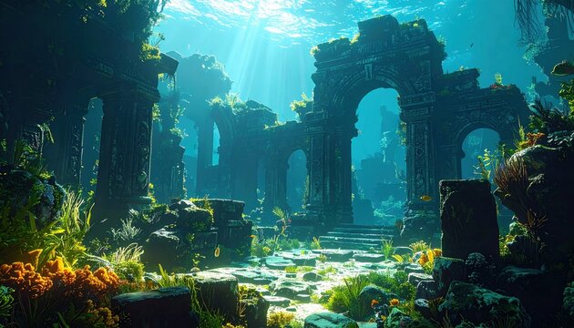 Underwater view of ancient temple ruins with arches and steps, overgrown with coral and sea plants, bathed in sunrays.