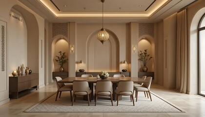 Elegant Dining Room Interior: A lavish, well-lit dining room, featuring a long wooden dining table with modern chairs, creating an inviting atmosphere, embodying luxury and comfort.