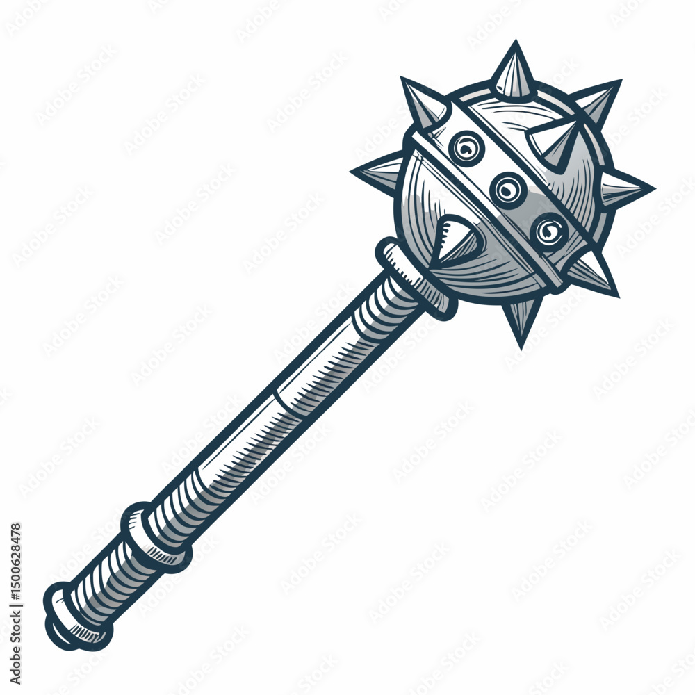 Poster design a bold, vector icon of a mace weapon with a thick black stroke, suitable for a game or app in
