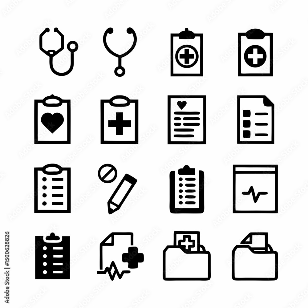 Poster design a bold, vector icon depicting a medical report; emphasize clean lines and strong strokes. inc