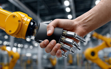 Human hand and robotic arm are shaking hands in industrial setting, symbolizing collaboration between humans and technology