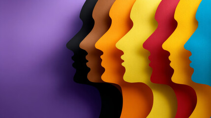 Colorful silhouettes of heads in various shades against purple background create striking visual effect, symbolizing diversity and unity