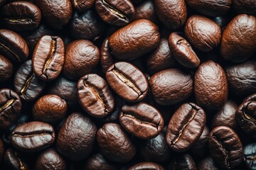 Fototapeta premium A macro coffee beans texture wallpaper showing the intricate details of each bean, highlighting the rich tones with copy space. Subtle warm lighting. Cozy breakfast nook background. 