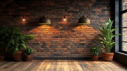 Rustic interior featuring brick wall, plants, and lamps illuminating a wooden floor