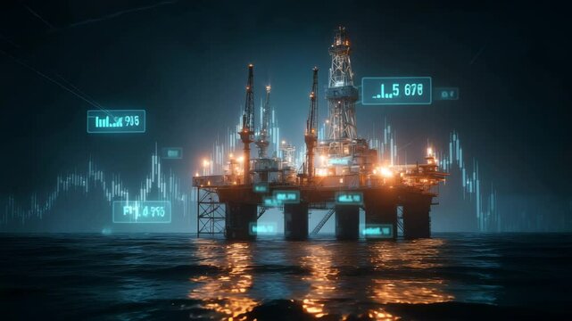 Ultra-realistic offshore oil rig with glowing holographic stock market charts above ocean platform, futuristic energy finance visualization, dramatic lighting, hyper detail