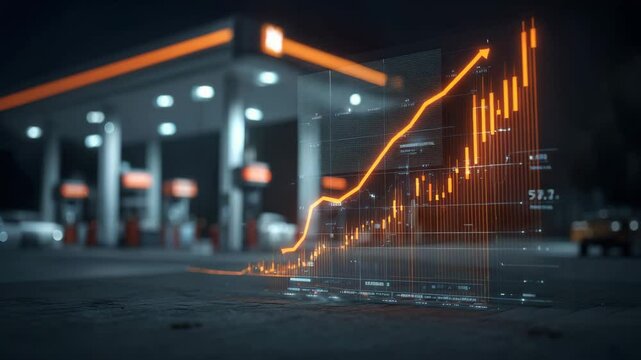 Transparent holographic trading graph hovering before a soft-focus gas pump scene, oil price analysis visual, realistic shadows