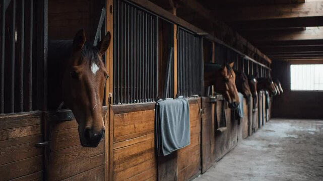 Brown horses in stable stalls rustic interior view farm animals calm mood indoor photography commercial use rural theme