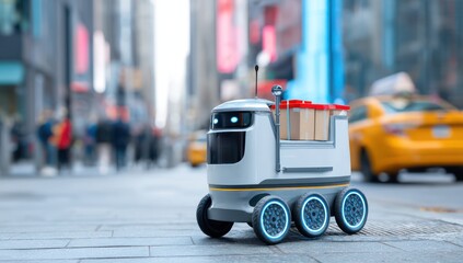 Delivery robot autonomously navigating city streets to ensure timely delivery of parcels.