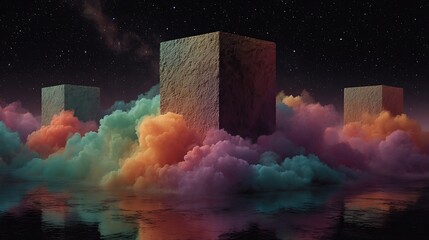 Floating stone monoliths amidst cosmic cloudscape