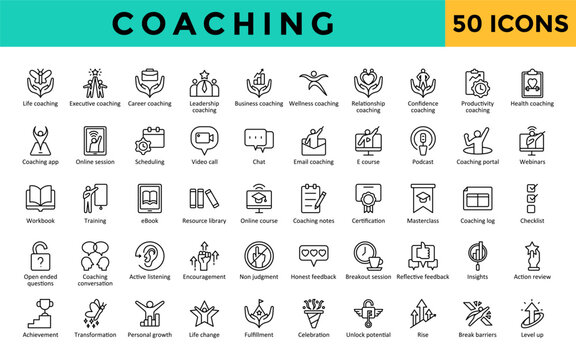 Coaching icons set with life, executive, career, leadership, wellness, business, confidence,  relationship, productivity, health icon. Simple line vector 
