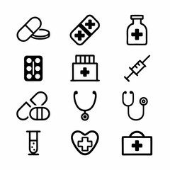 Design a vector icon pack depicting pharmacy symbols;  bold outlines, clean style,  suitable for app interfaces.