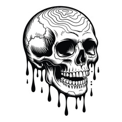 Melting Skull Illustration Black Ink Style Graphic Design