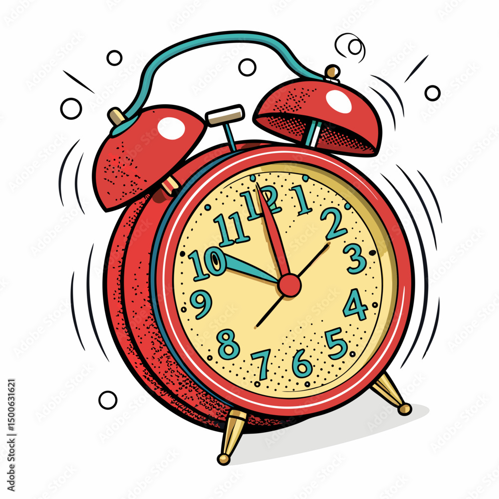 Poster create a bold, vector illustration of a pop art-style alarm clock with thick outlines and vibrant, c