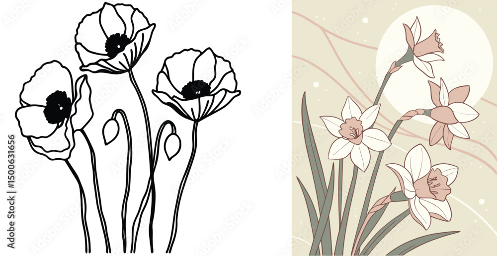 Poster elegant floral design featuring poppies and daffodils in complementary styles and minimalist color p