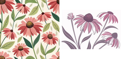 Elegant floral pattern with echinacea flowers and leaves artistic vector art design elements for creative projects