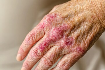 A close-up of an eczema flare-up on the back of a hand, visibly swollen and irritated, needing soothing treatment with copy space. Soft ambient lighting. Skincare clinic background. 