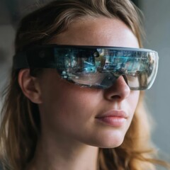 AR glasses providing immersive digital layers over reality, enhancing visual interaction.