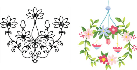 Floral chandelier decoration in line art and cute colorful style vector illustration design