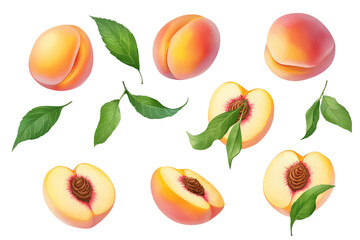 Obraz premium A collection of whole and halved peaches with green leaves against a black colored background space