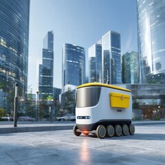 Smart autonomous delivery robot traveling through a modern city, guided by AI technology.